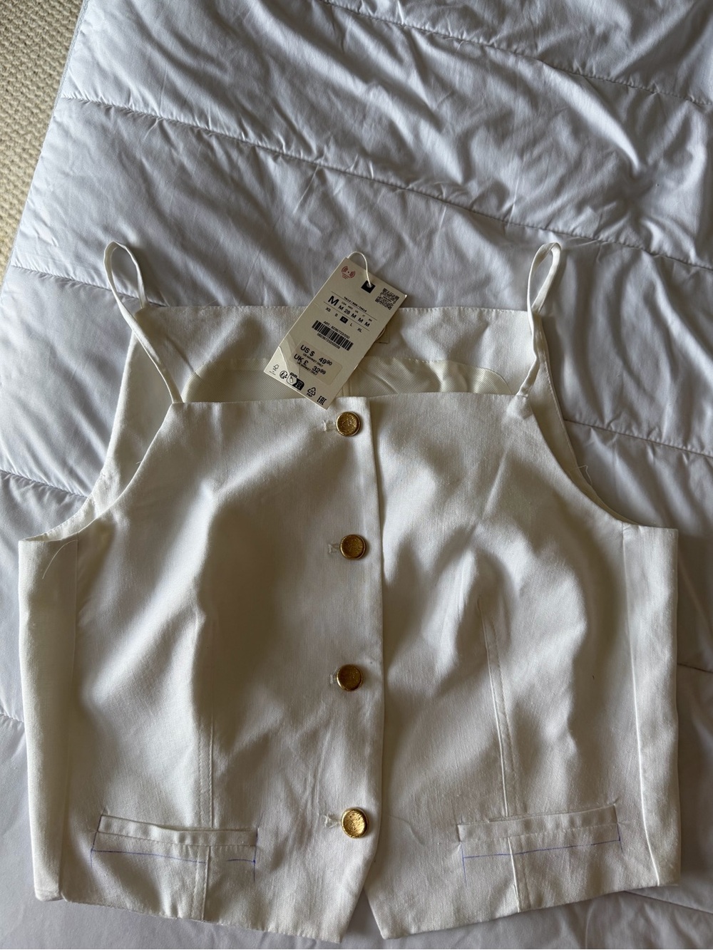 H&M White Cropped Cami with Gold Button
